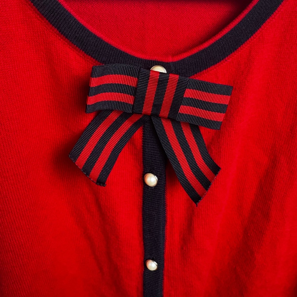 Talbots Charm Cardigan Sweater LP Red Pearl Button Bow Detail Cashmere Blend - Picture 4 of 8